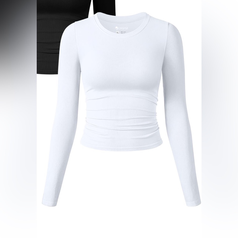 OQQ Long Sleeve Crew Neck Ruched Stretch Basic Fitted Tee Shirt Top